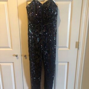 BeBe Sequin Jumpsuit Strapless with Adjustable Straps Ultra Violet sz 10